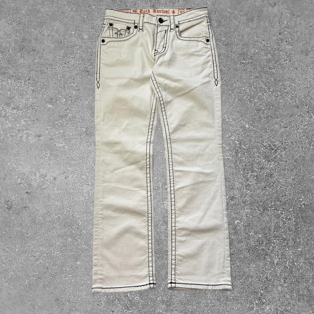 Rock Revival Pietro Straight Jeans Mens 32 White Black Stitching E9634J3R